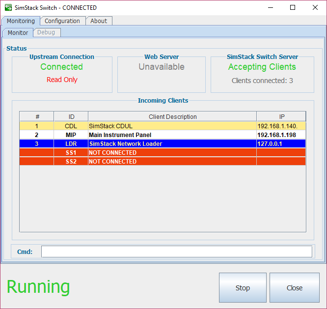 SimStack Switch client monitoring window